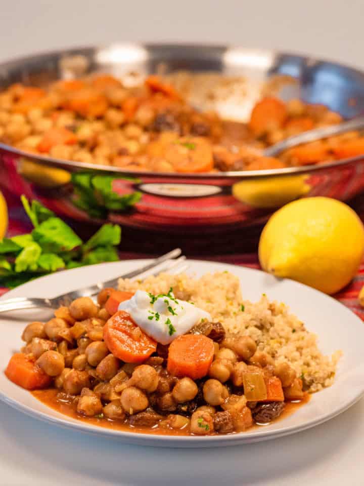 Vegan chickpea tagine on a plate ready to eat