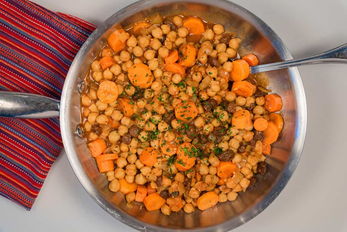 Vegan Moroccan chickpea tagine in the pot ready to be served