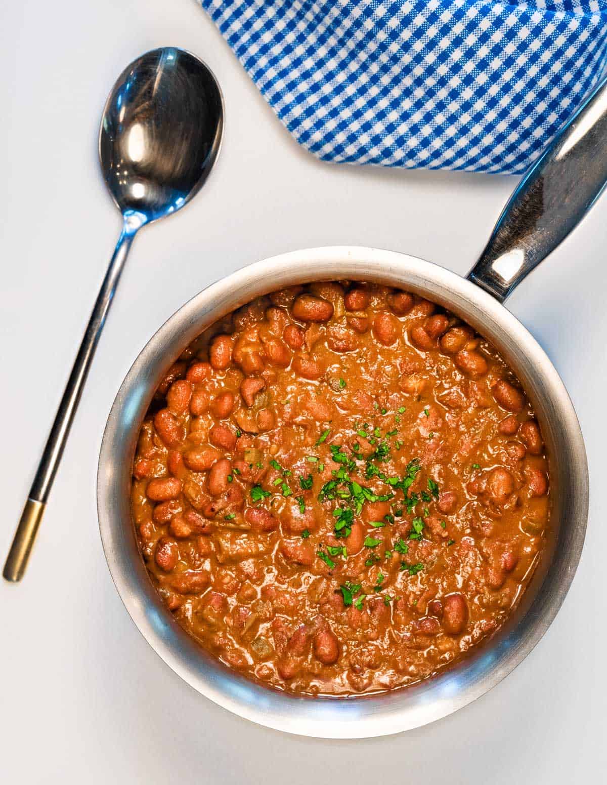 Pot of cajun red beans with a serving spoon and blue checkered dish towel.