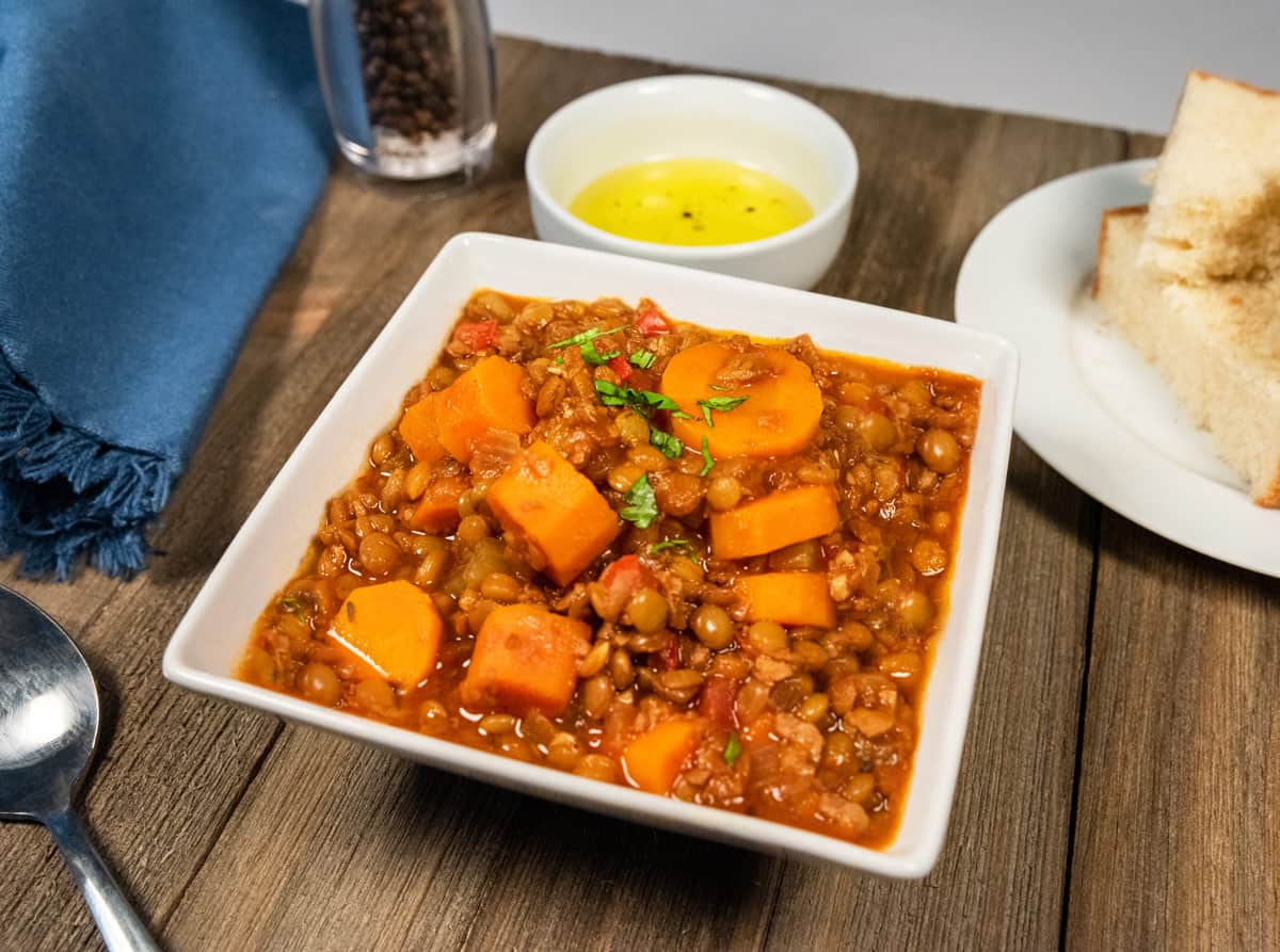 Spanish lentil stew in a bowl.