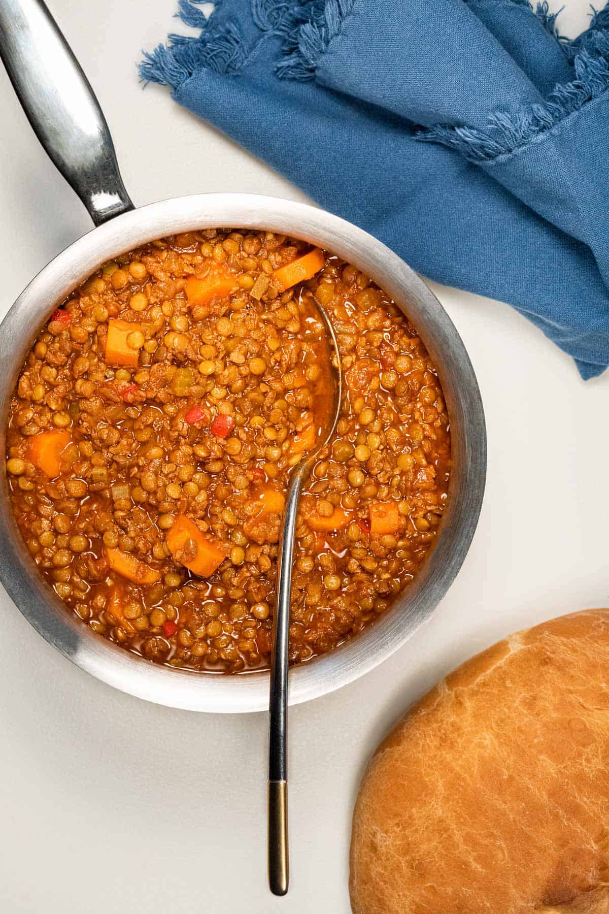 Spanish lentil stew in a pot.