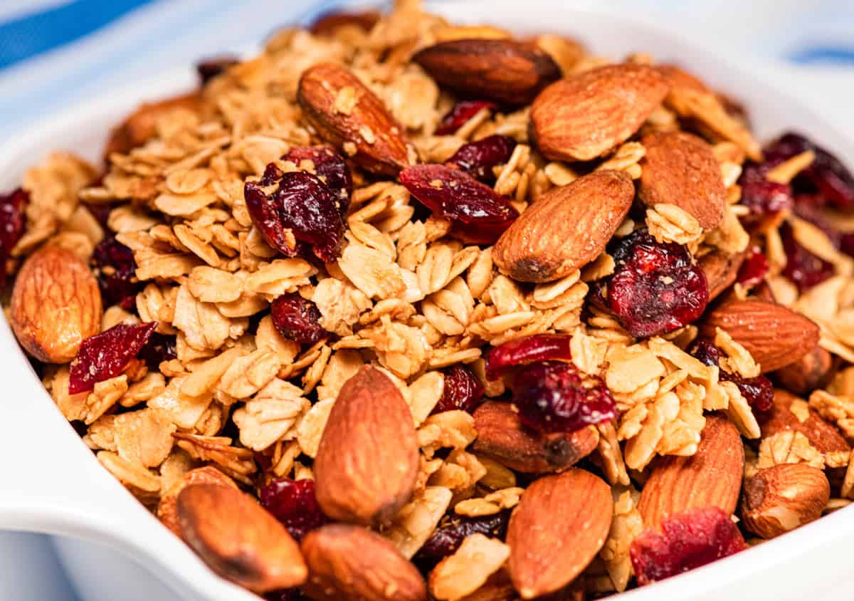 Vanilla cranberry coconut granola with almonds and cranberries.