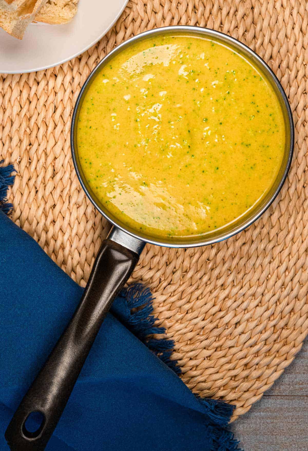 Pot of vegan broccoli cheese soup.