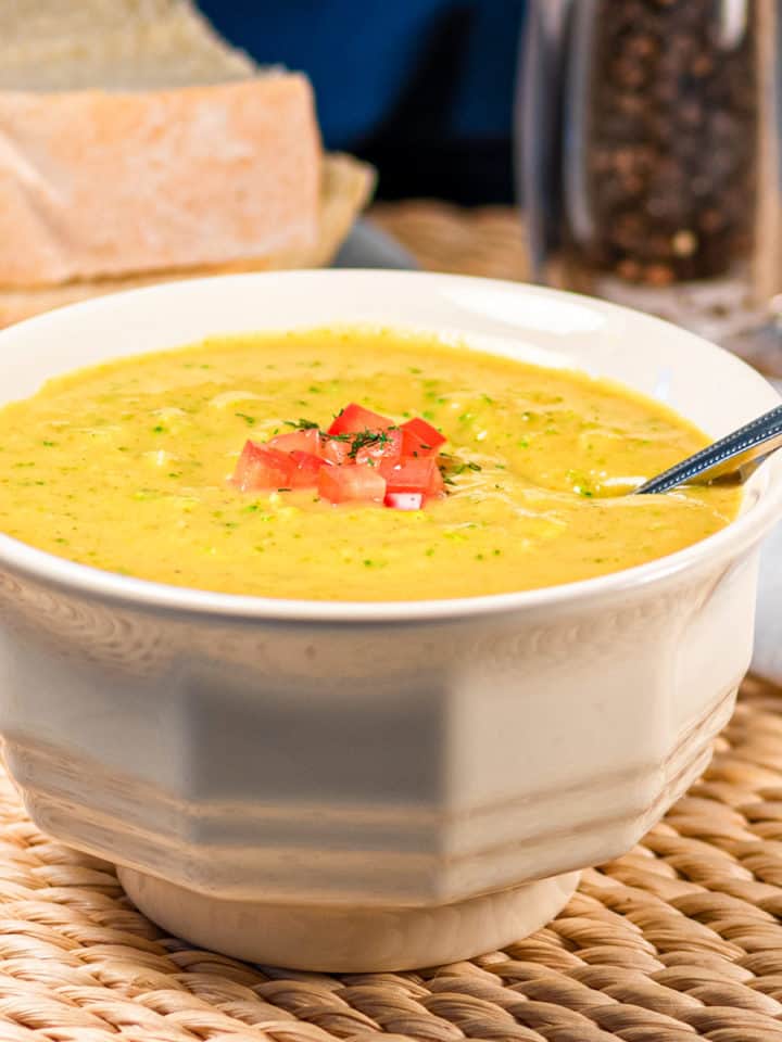 Bowl of vegan broccoli cheese soup.