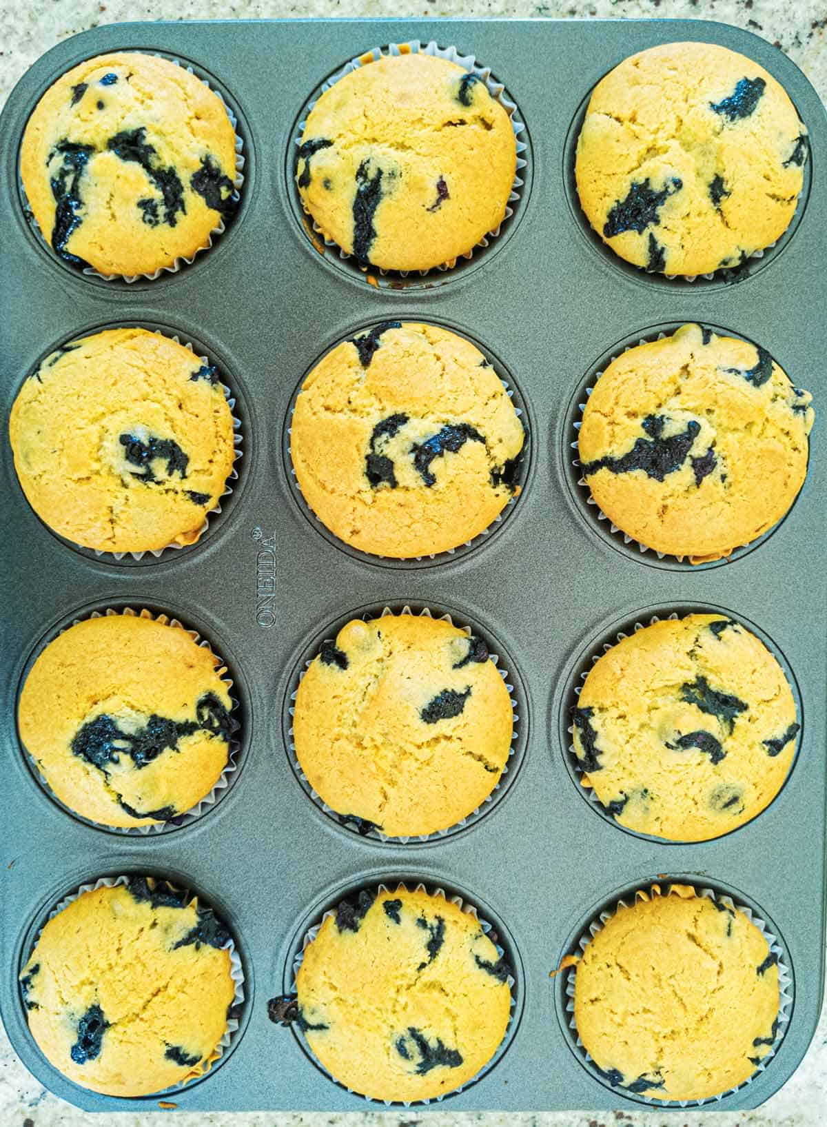 Vegan blueberry muffins in a muffin pan.