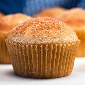 Up close view of a single vegan cinnamon sugar muffin.