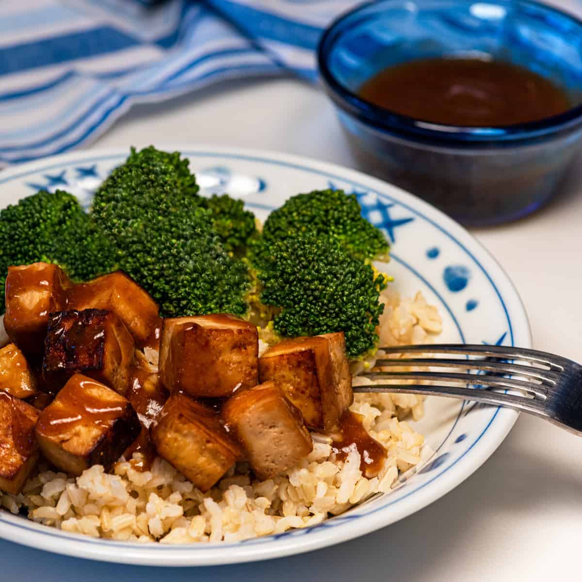 A dish of sesame soy marinated baked tofu with rice and broccoli.