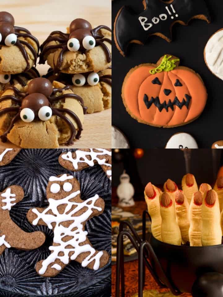 Vegan Halloween sugar cookies, vegan spider cookies, vegan witch fingers, and vegan mummy cookies