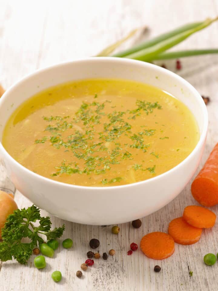 vegan chicken broth in a bowl
