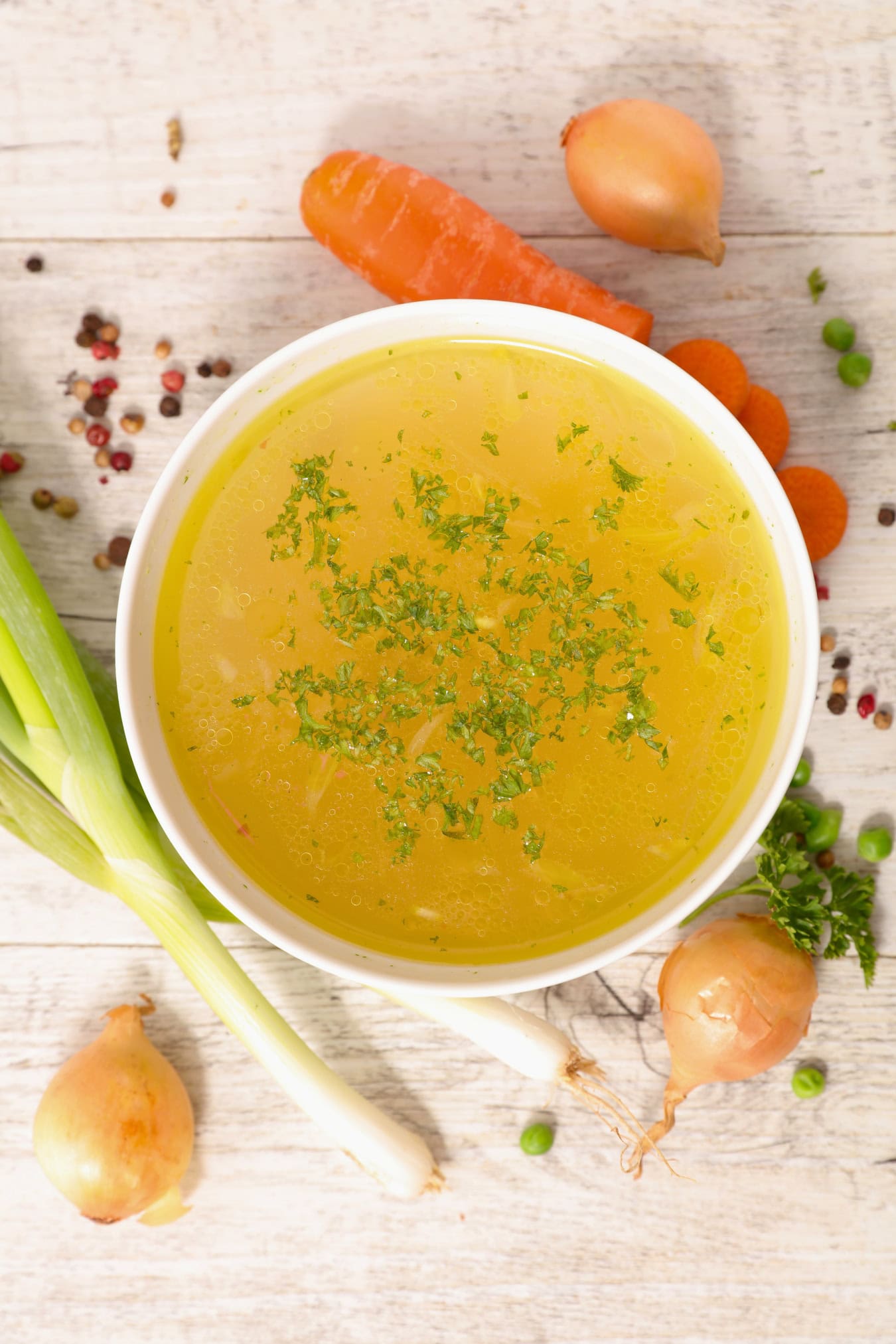 vegan chicken broth in a bowl
