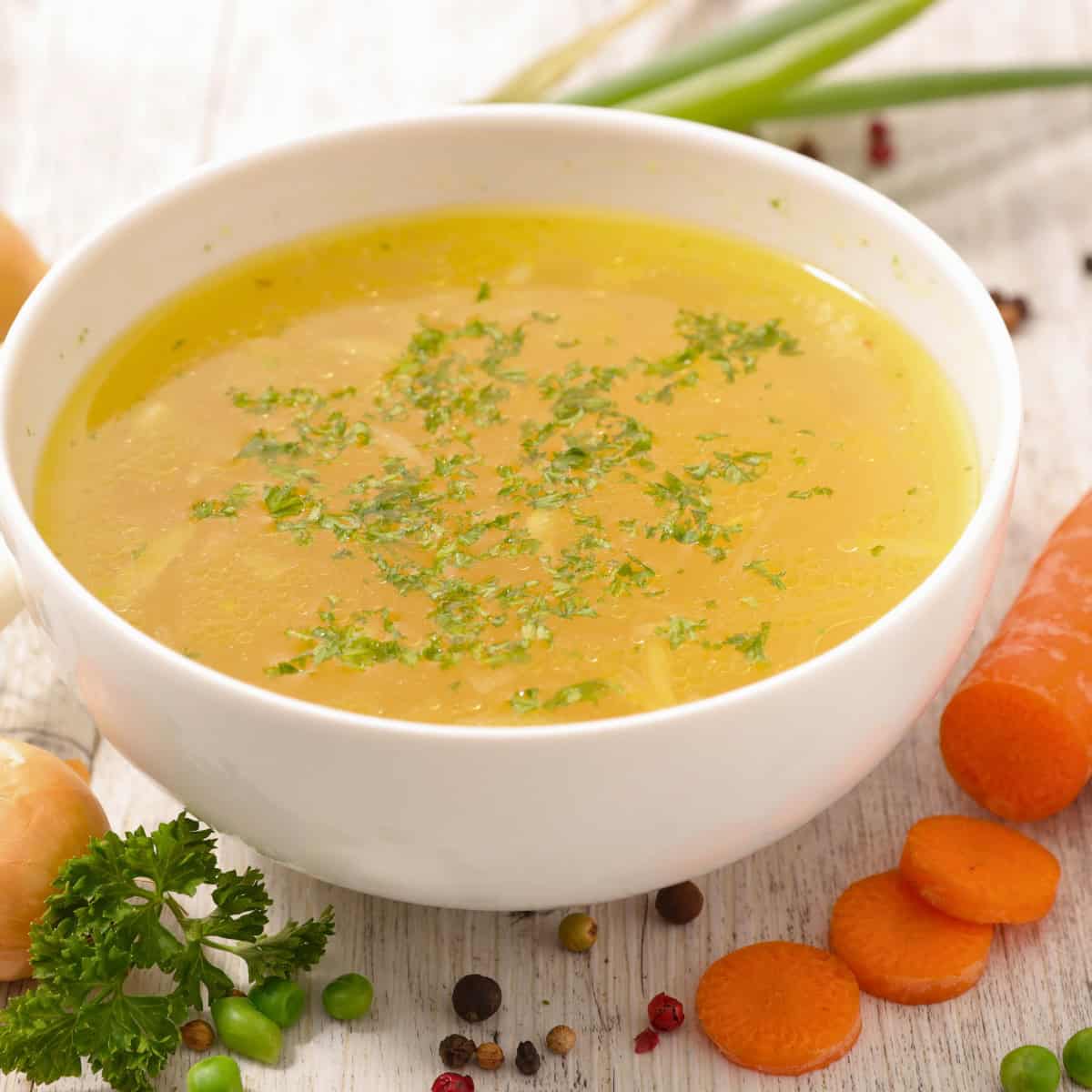 vegan chicken broth in a bowl