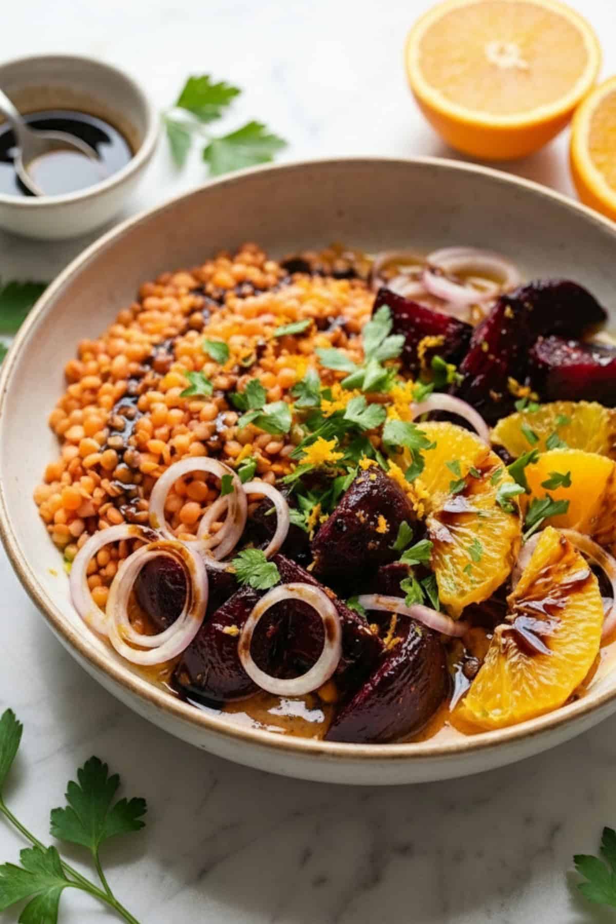 beet and fresh orange salad with red lentils
