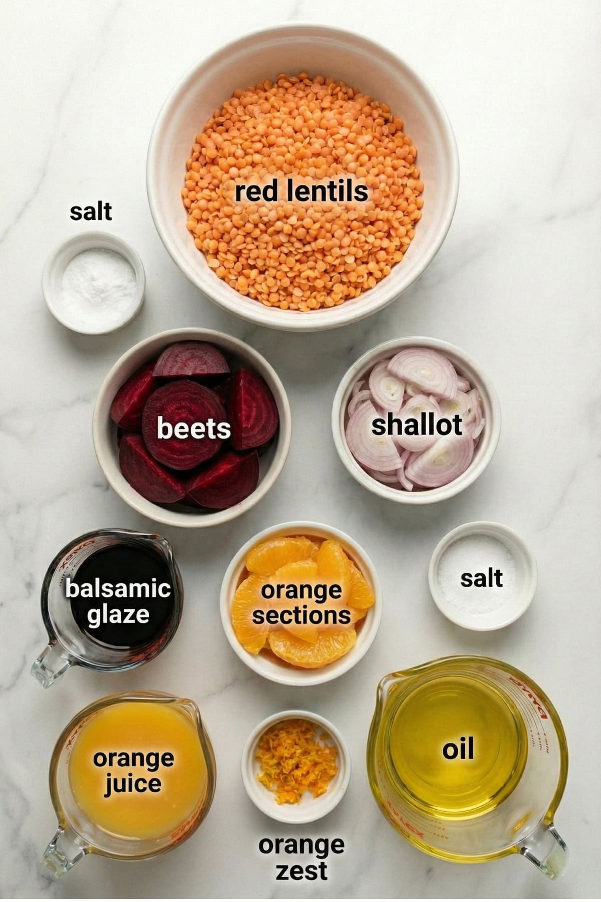 different dishes of raw red lentils, salt, beets, shallot, fresh orange sections, vinegar, oil, juice