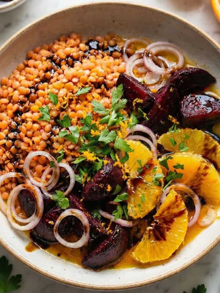 beet and fresh orange salad with red lentils