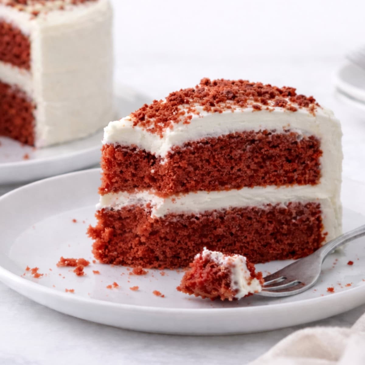 Slice of vegan red velvet cake on a white plate with a fork.