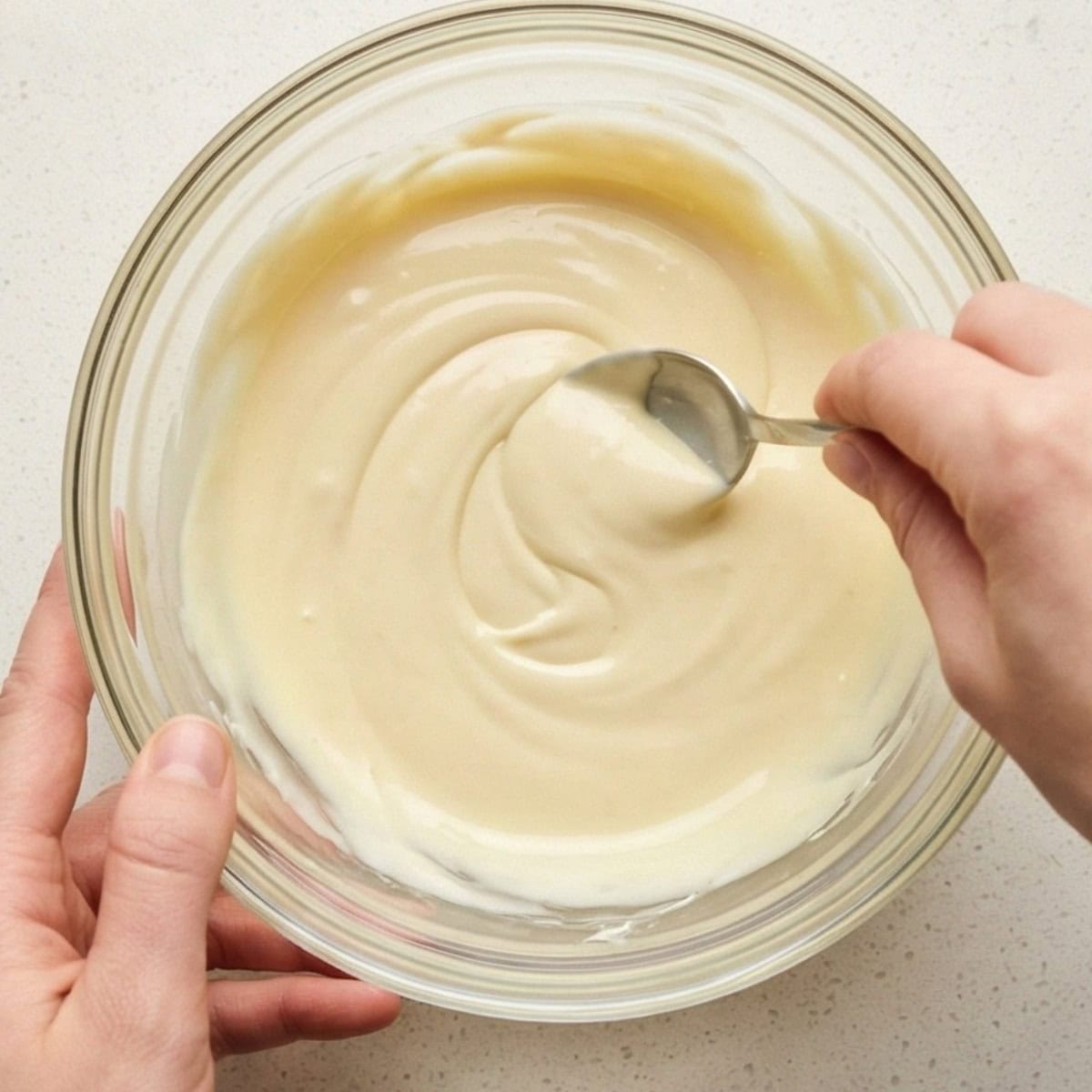 melted white chocolate in a glass bowl