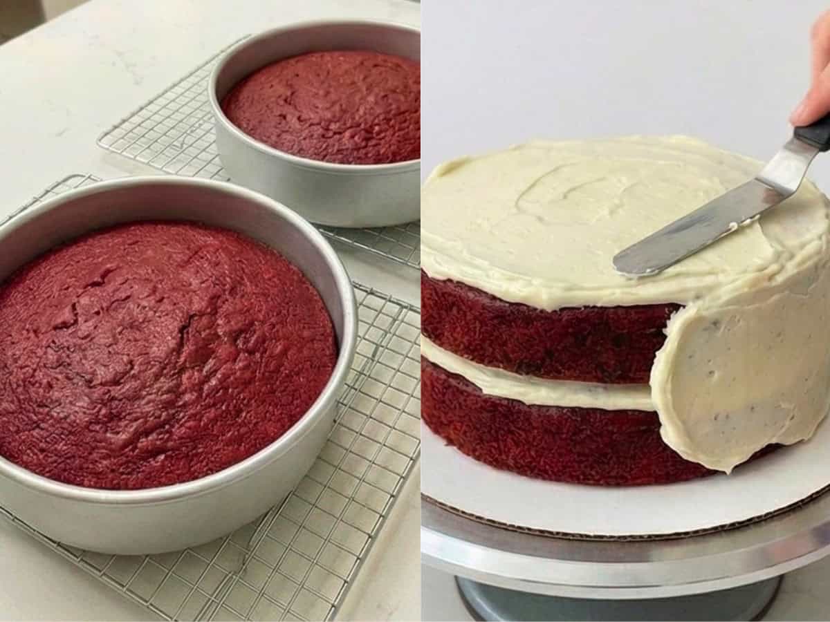 vegan red velvet cake cooling and being frosted