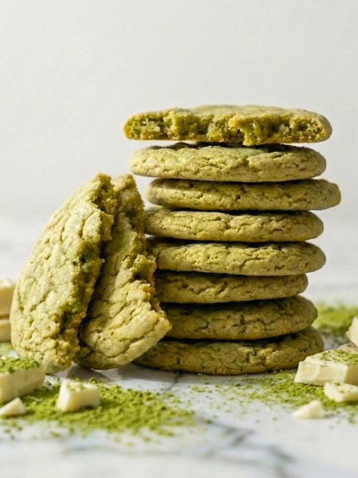 Green matcha cookies with matcha powder and white chocolate chunks on a counter.