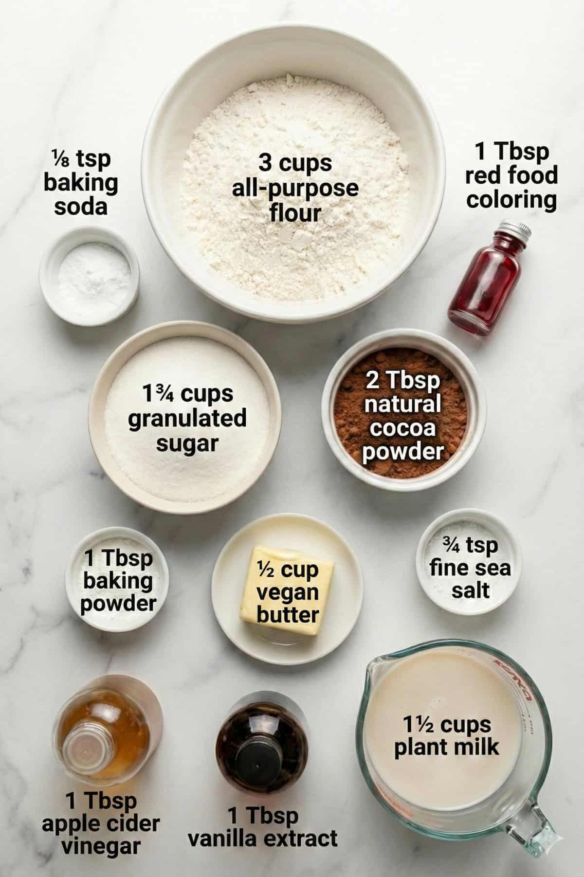 Labeled baking ingredients.