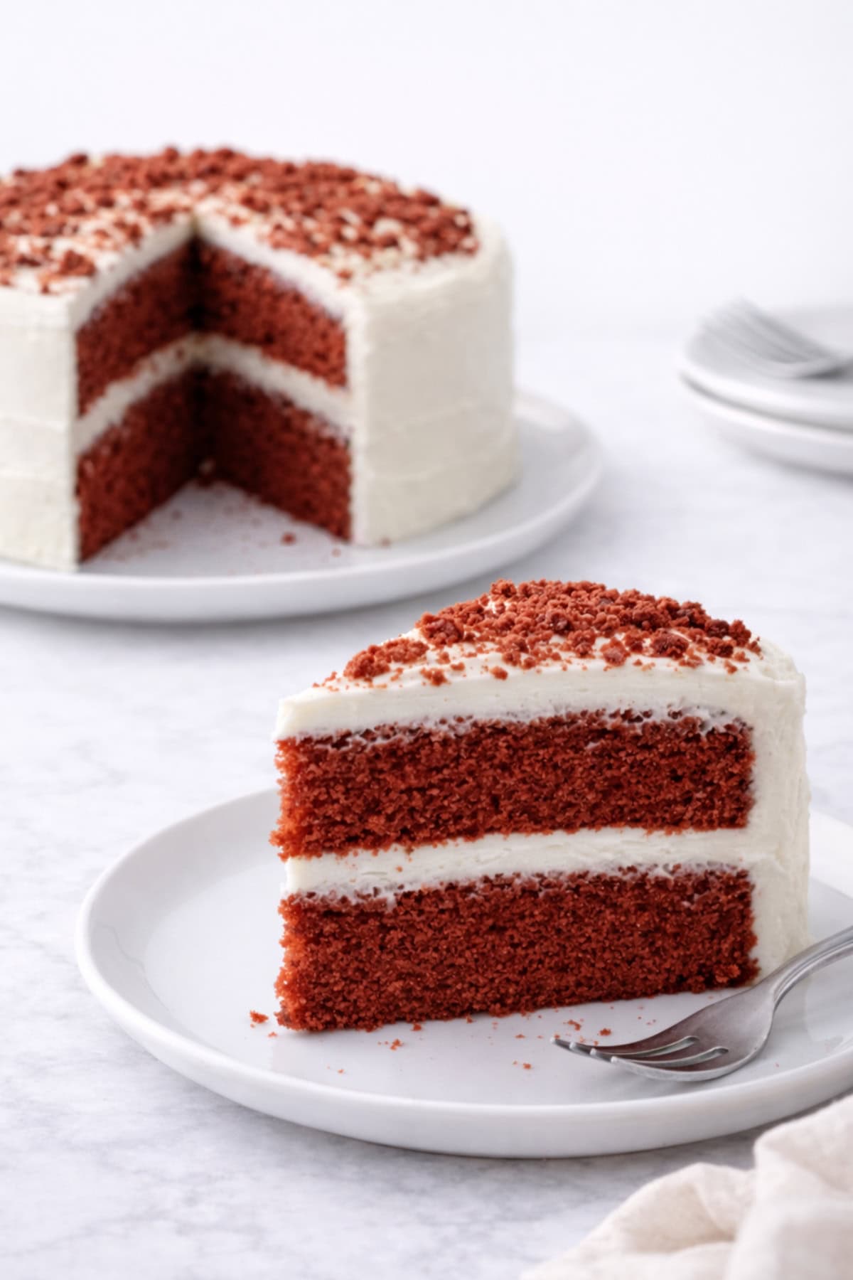 Dairy free red velvet cake with cream cheese frosting on a white plate with a fork.
