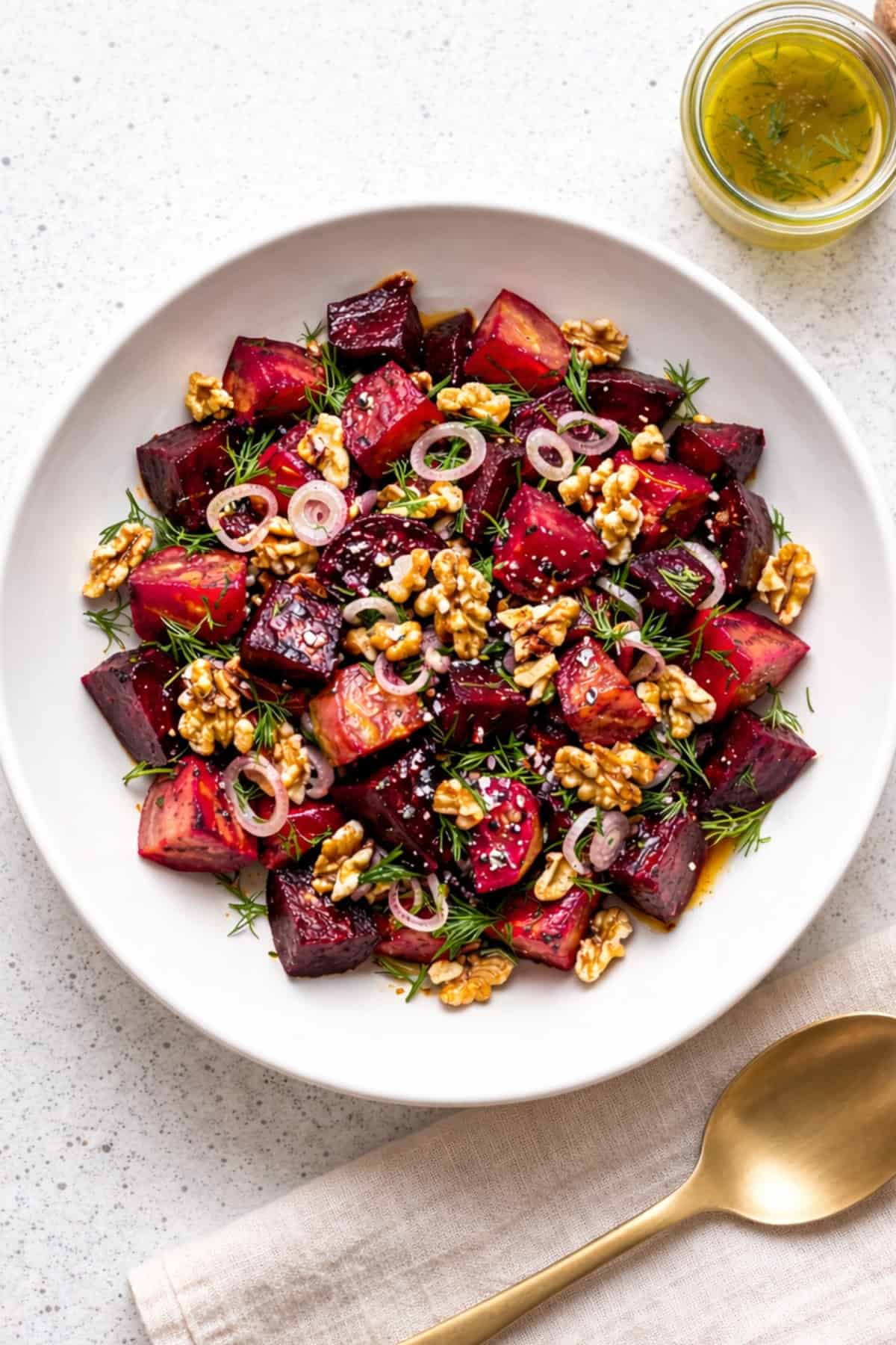 beet and walnut salad in a white bowl