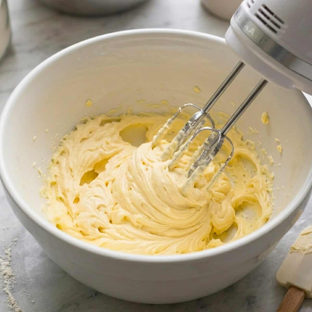 Vegan butter being whipped with an electric hand mixer.