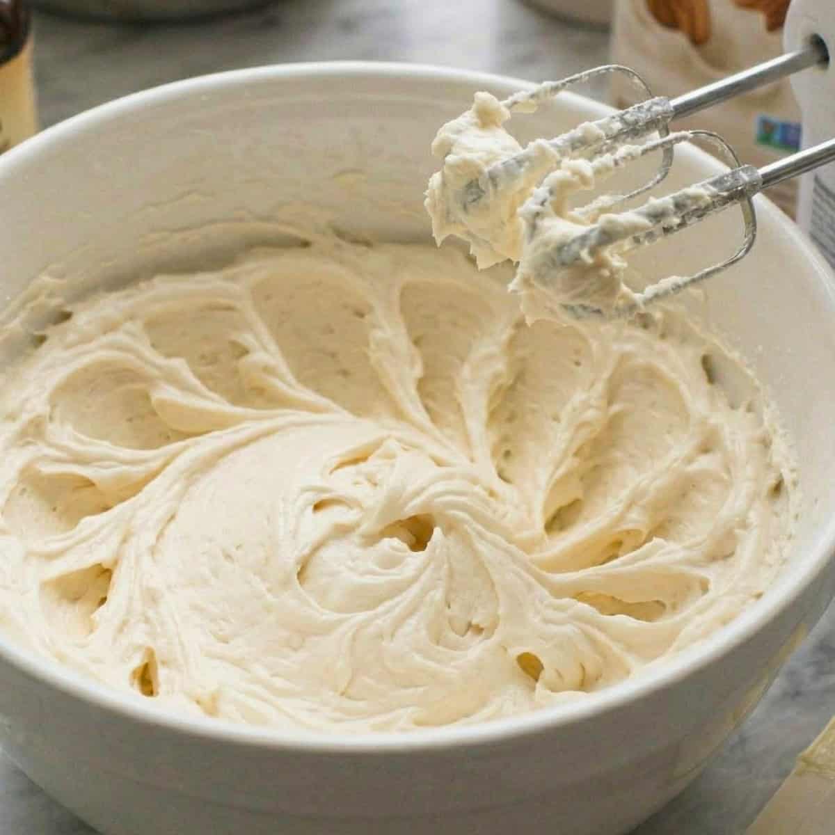 A bowl of vegan vanilla buttercream frosting.