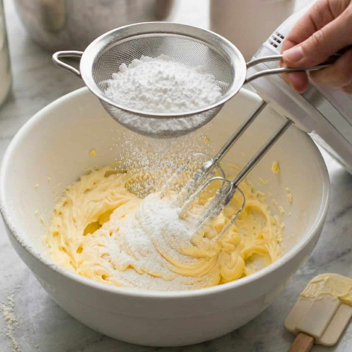 Powdered sugar being sifted into a bowl of whipped vegan butter.