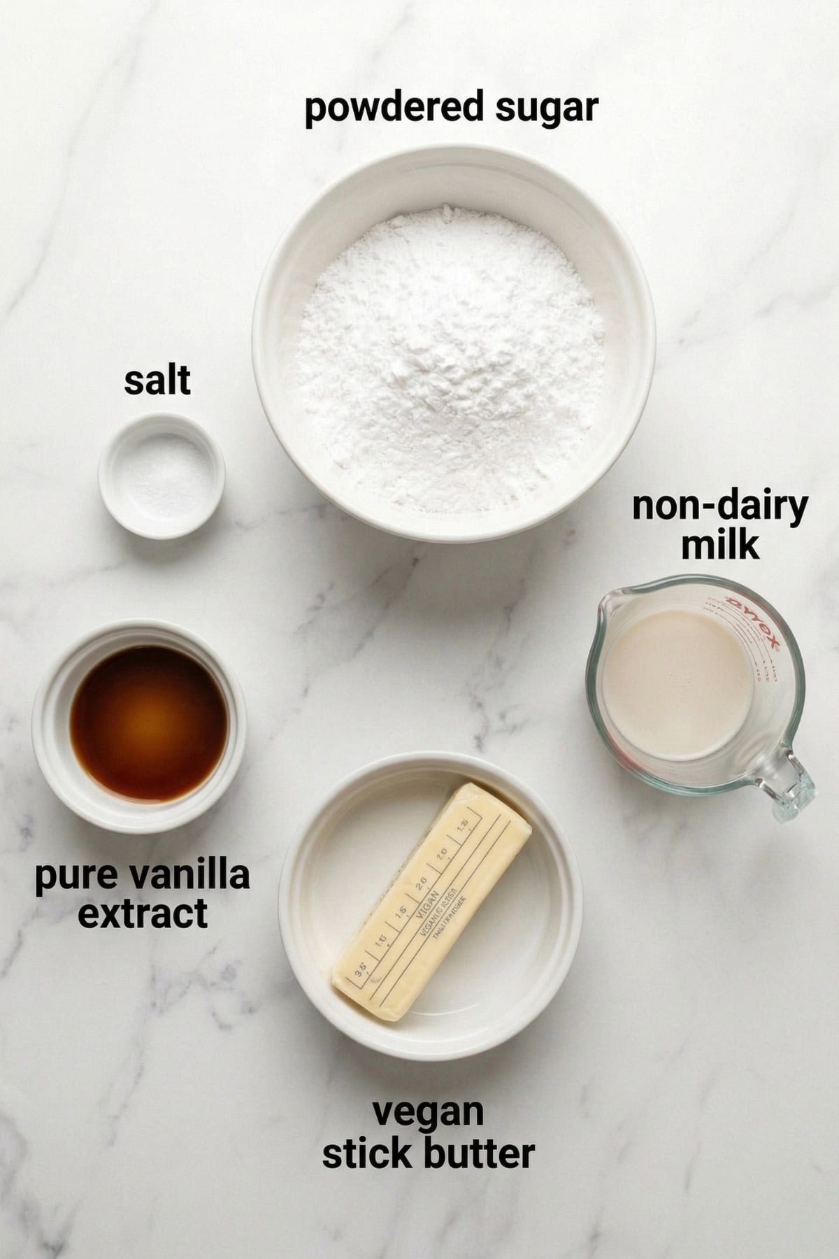 Ingredients to make vegan vanilla buttercream frosting.