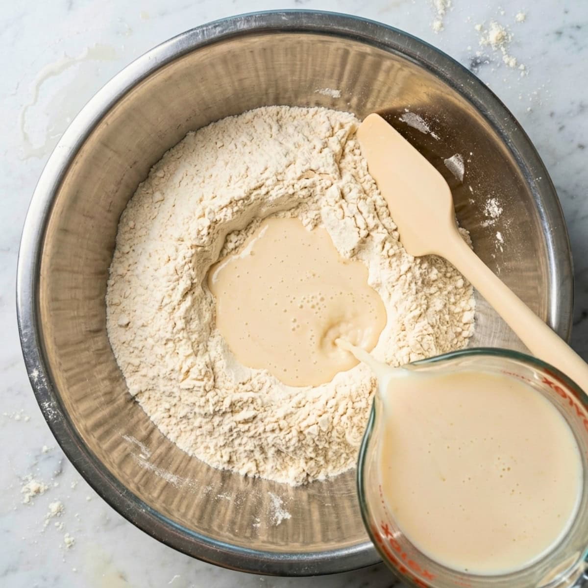 Plant milk being poured into a bowl with a flour mixture.