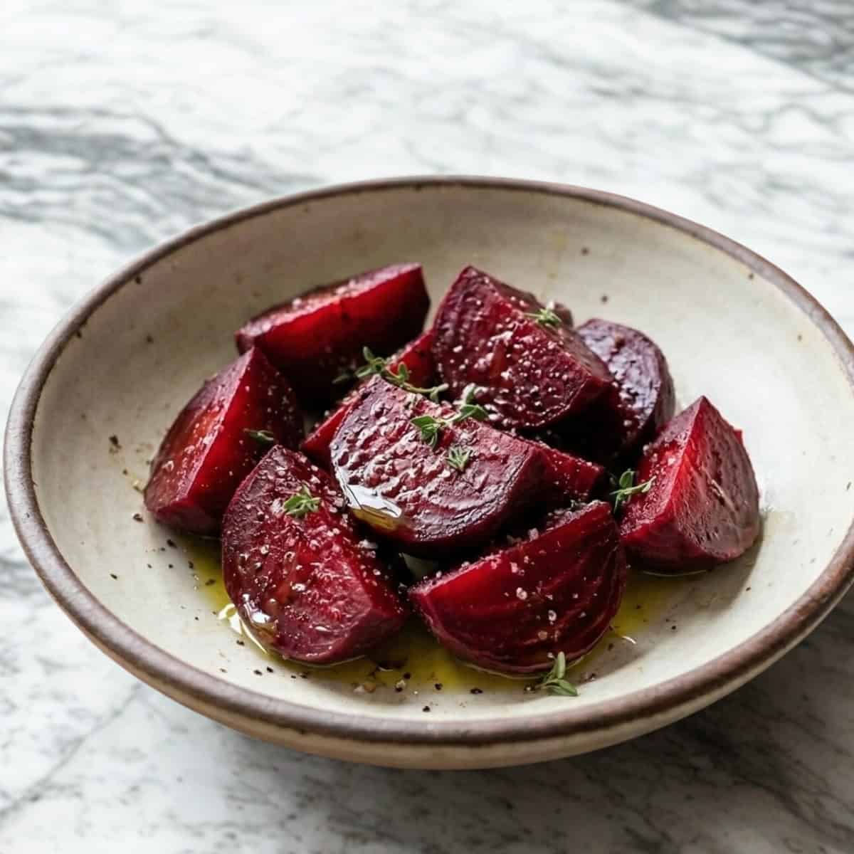dish of roasted beets with olive oil and salt
