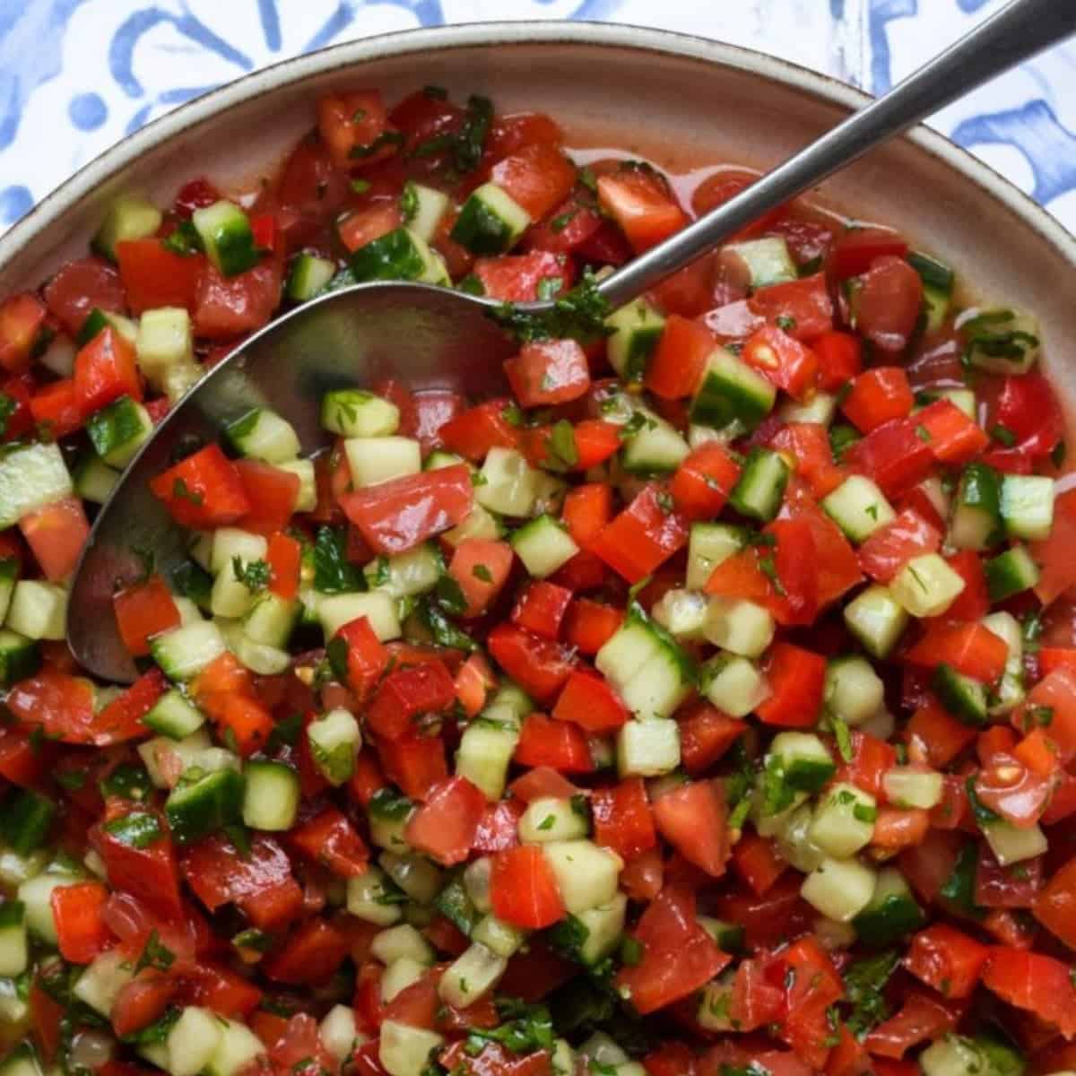 A serving bowl of Israeli salad.
