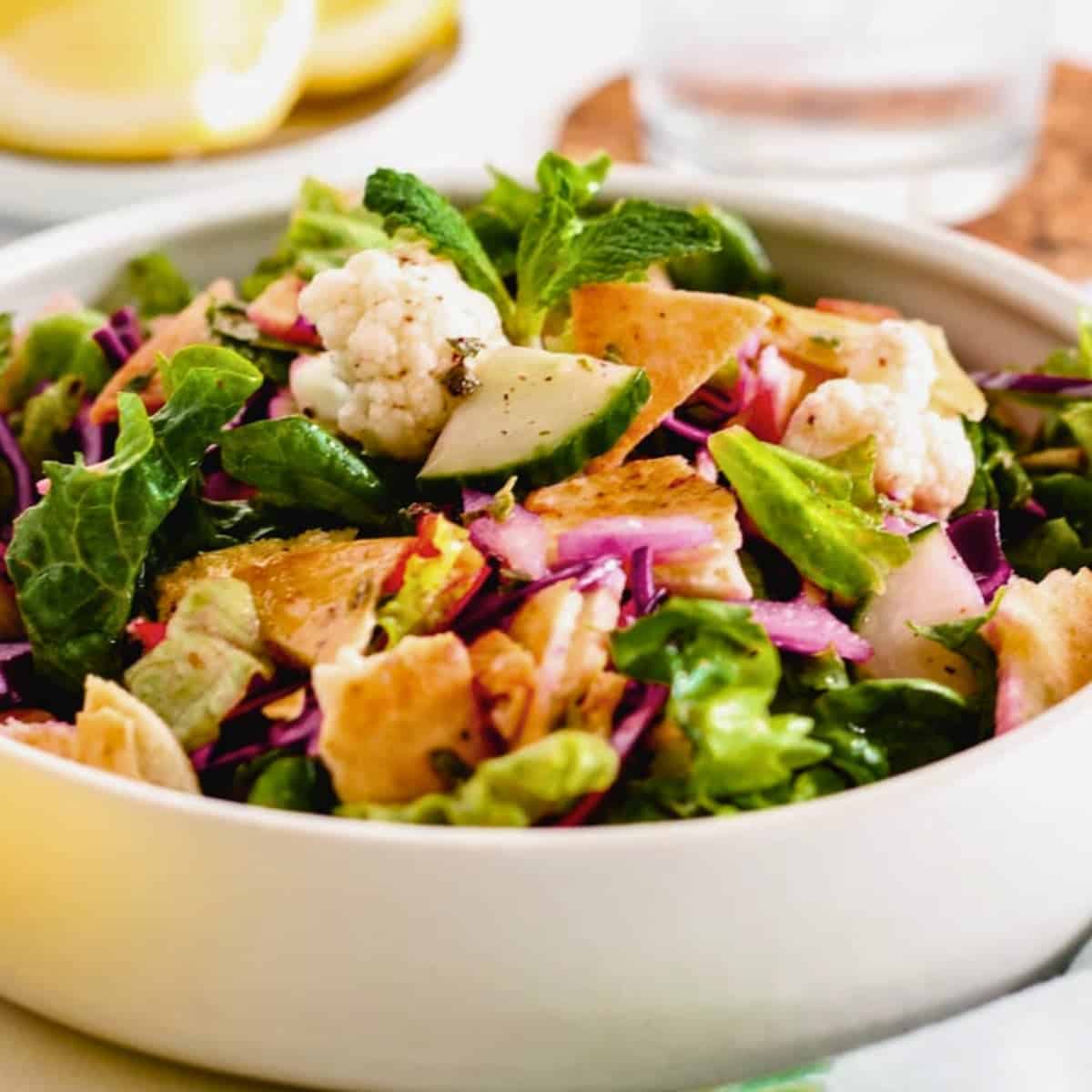 A bowl of fattoush salad.