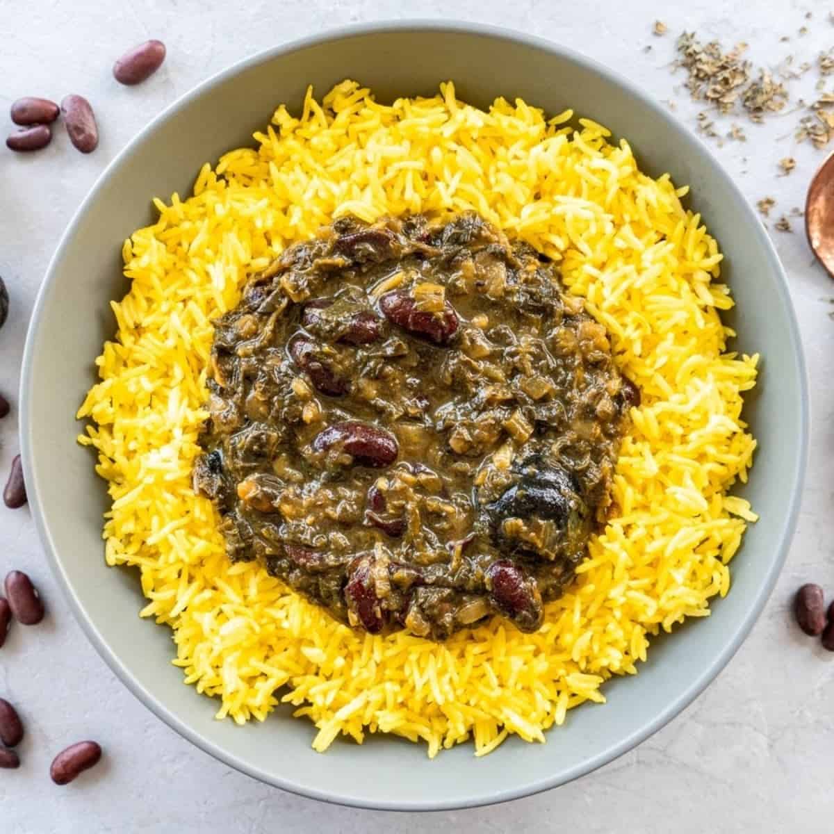 A serving of vegan ghormeh sabzi stew.