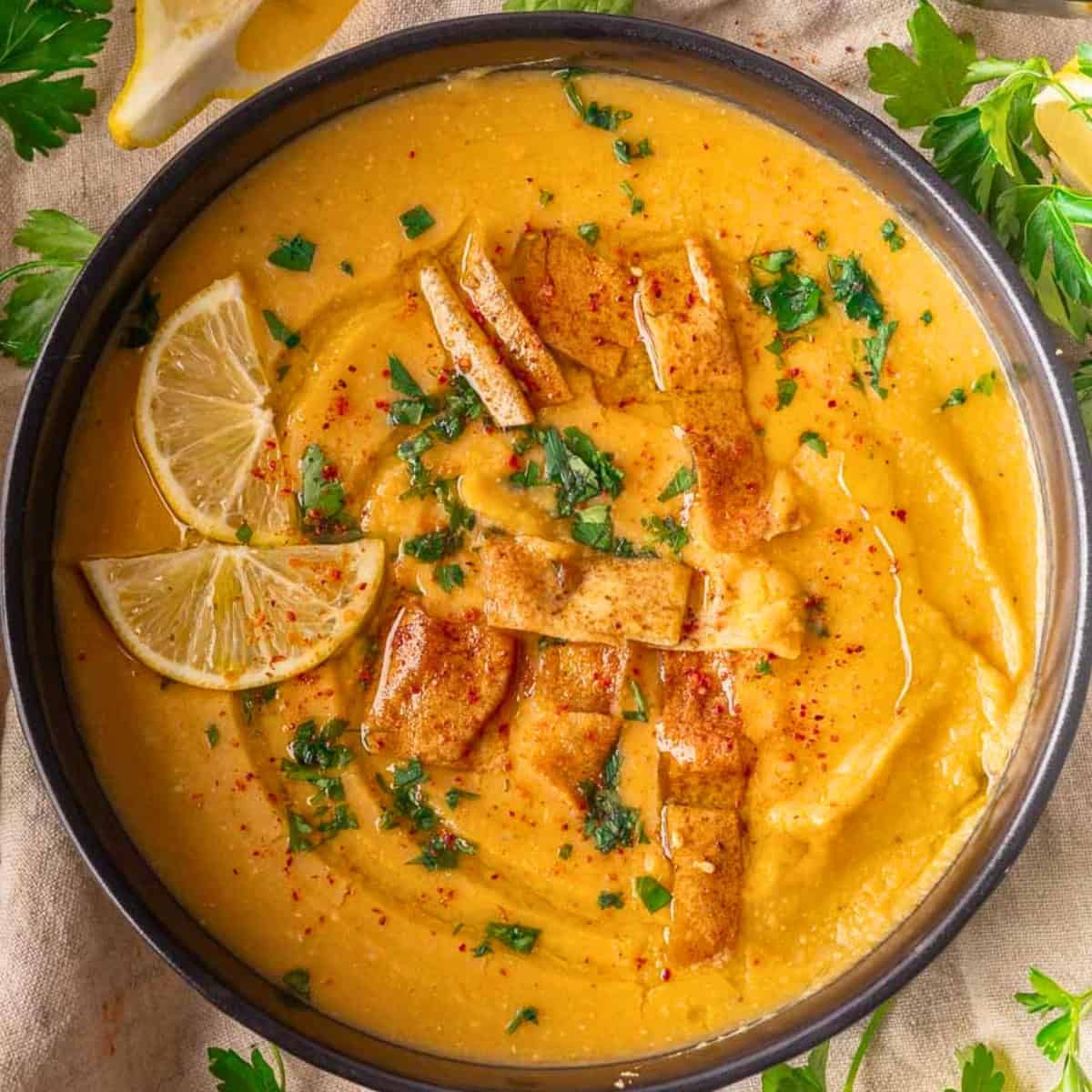 A bowl of Lebanese lentil soup.