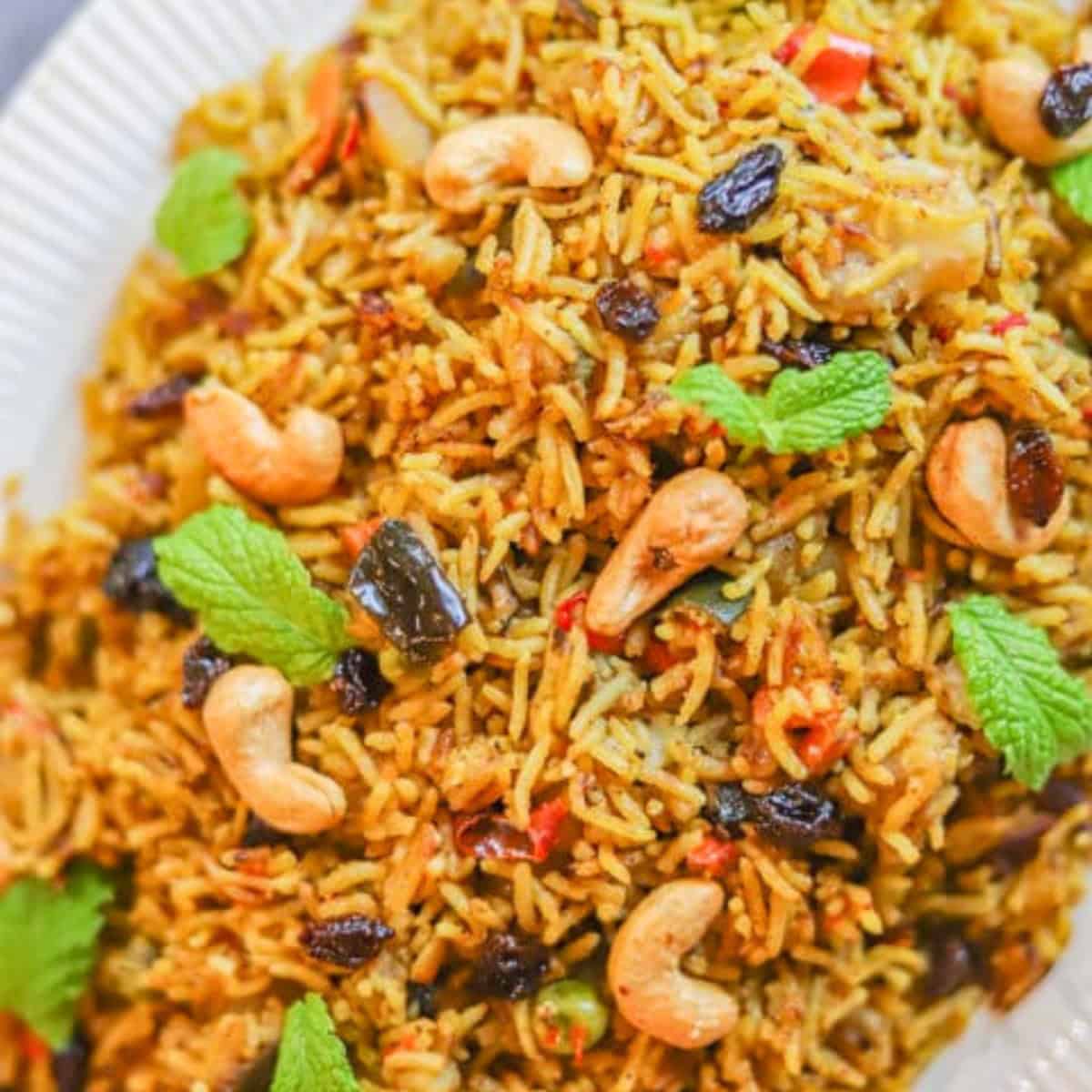 A plate of vegan biryani.