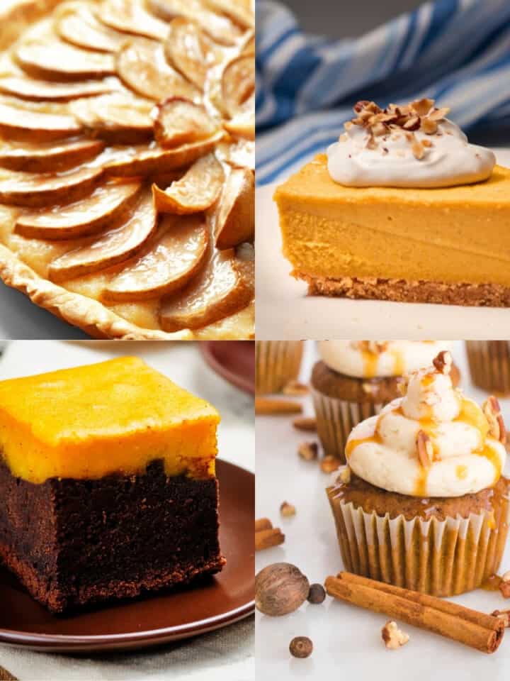 vegan pumpkin cupcakes with vegan frosting, chocolate cake with pumpkin frosting, vegan pear tart, no bake vegan pumpkin cheesecake