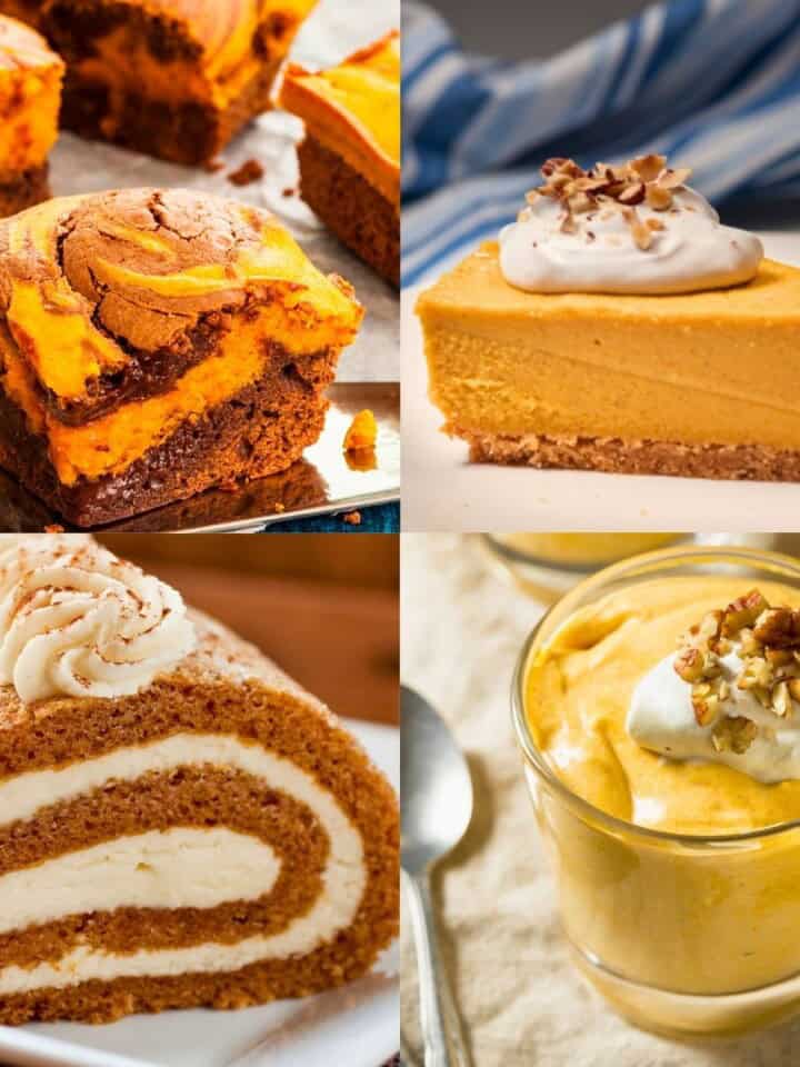 Collage of vegan pumpkin desserts including vegan pumpkin swirl brownies, no bake vegan pumpkin cheesecake, vegan pumpkin roll cake, and vegan pumpkin pudding.
