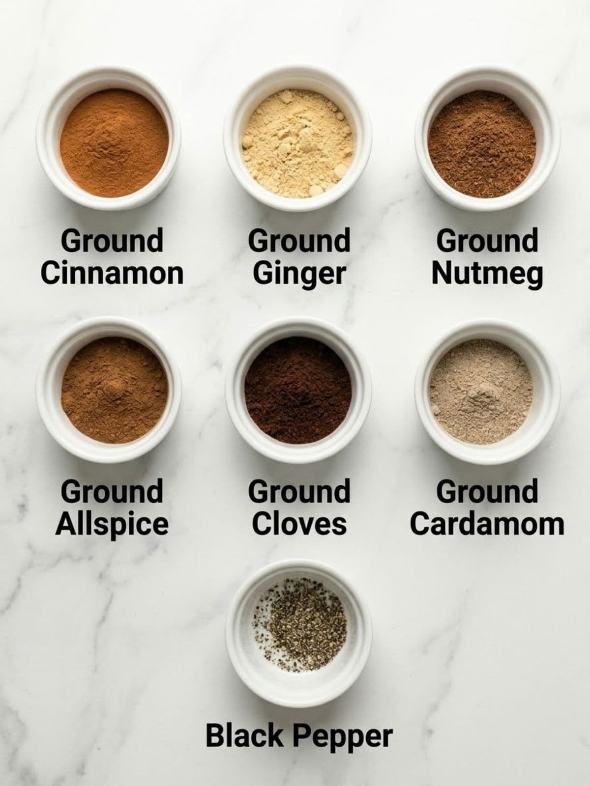 Small bowls of ground cinnamon, ginger, nutmeg, allspice, cloves, cardamom, and black pepper arranged on a light surface.