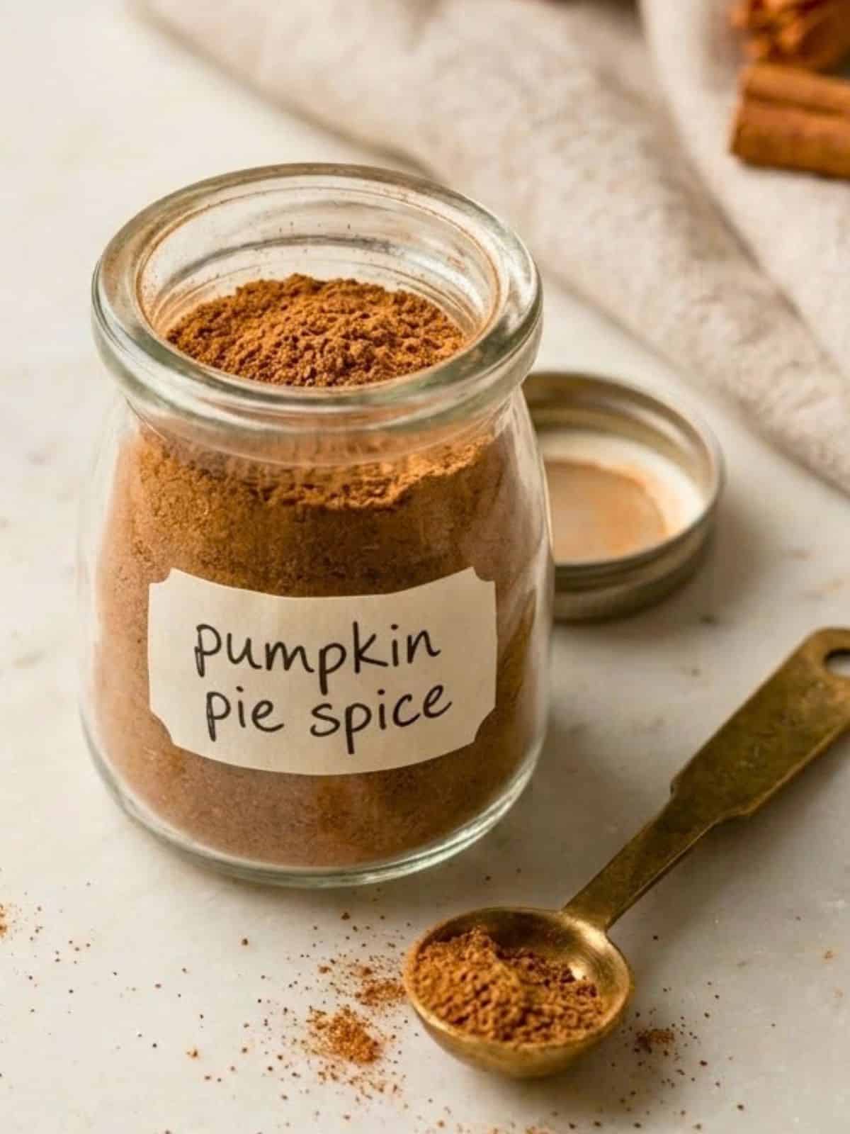 Homemade pumpkin pie spice in a glass jar with a handwritten label, surrounded by a brass measuring spoon and beige linen.