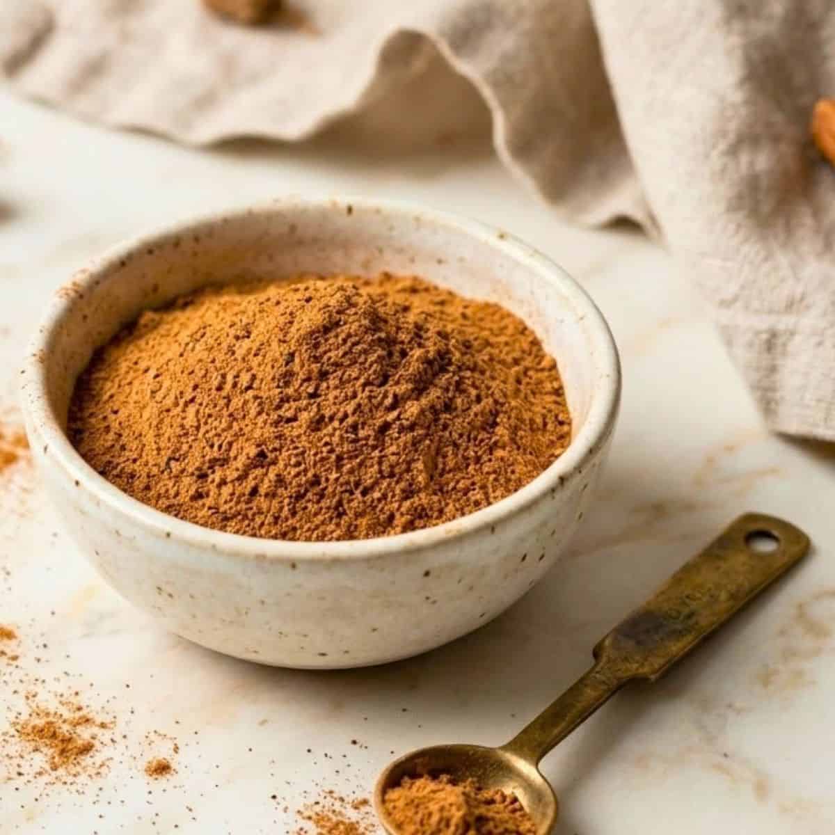 Homemade pumpkin pie spice blend in a white ceramic bowl with a brass measuring spoon and scattered ground spices.
