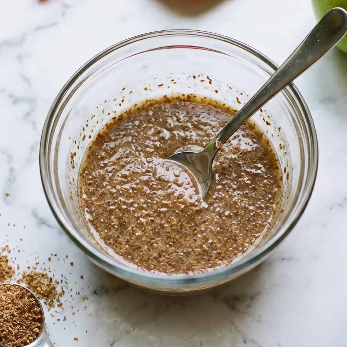 Ground flaxseed mixed with water in a glass bowl to make a vegan egg substitute.
