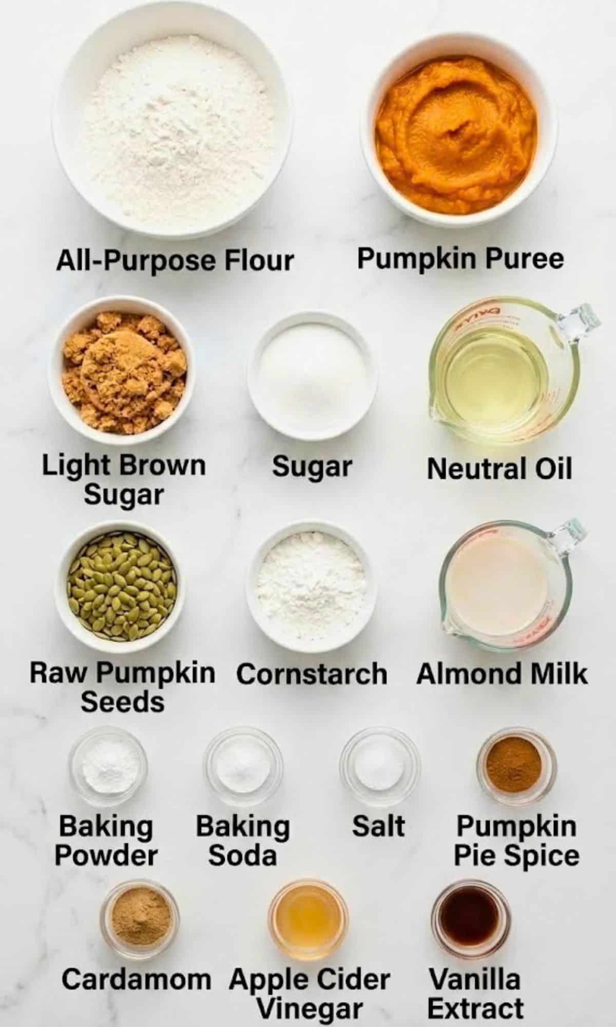 Ingredients for vegan pumpkin loaf arranged in small bowls including flour, pumpkin puree, brown sugar, oil, baking powder, pumpkin pie spice, almond milk, and salt.