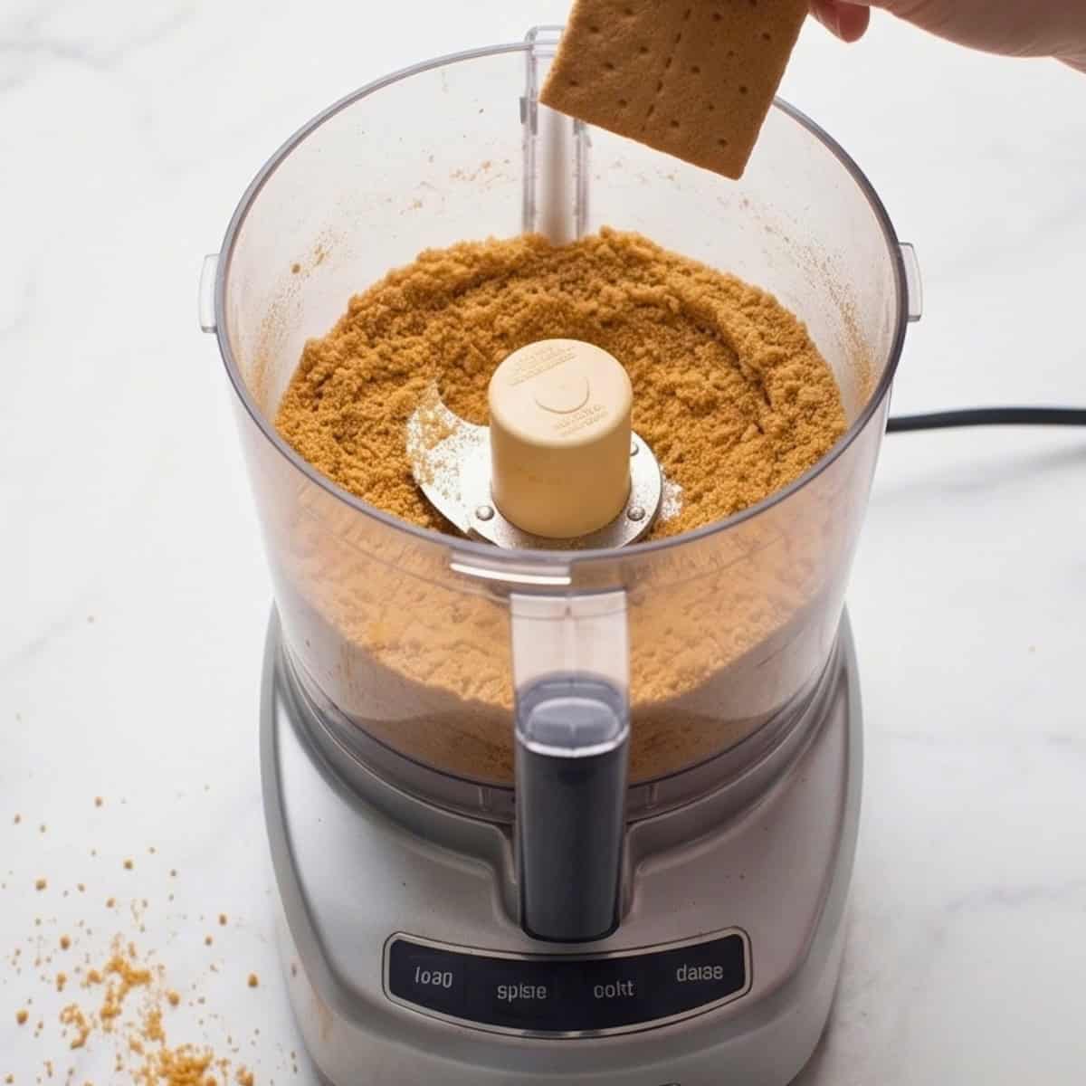 Graham crackers crushed into fine crumbs in a food processor for vegan pumpkin cheesecake crust.