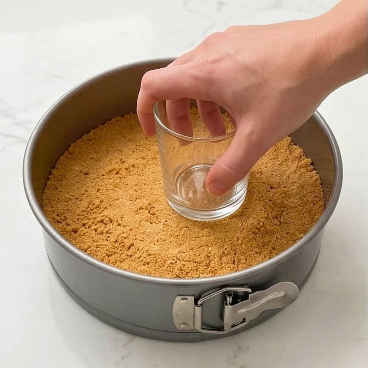Graham cracker crumbs being pressed firmly into a springform pan with the bottom of a glass.
