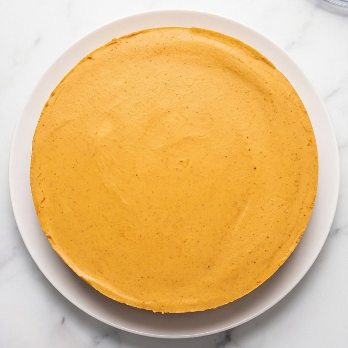 No-bake vegan pumpkin cheesecake on a white serving plate viewed from above.