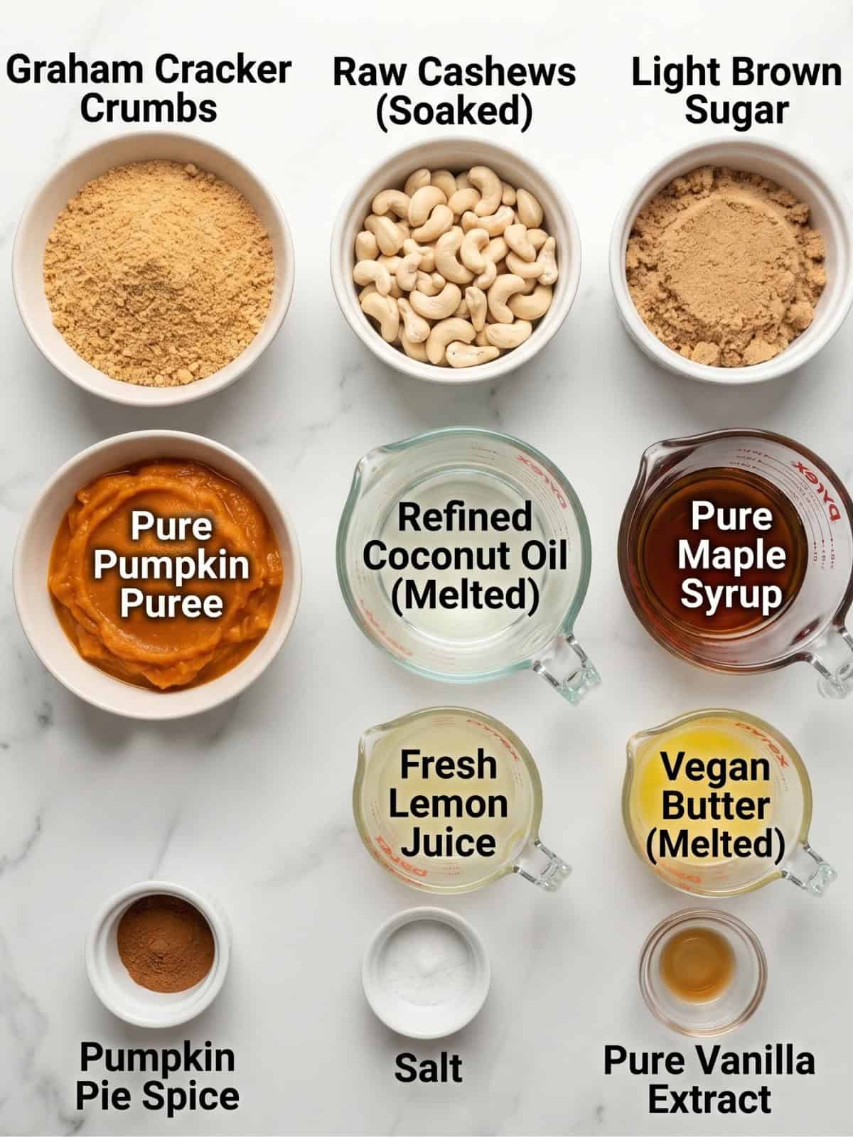 Ingredients for no-bake vegan pumpkin cheesecake, including graham cracker crumbs, cashews, pumpkin puree, brown sugar, coconut oil, maple syrup, lemon juice, vegan butter, pumpkin pie spice, salt, and vanilla.