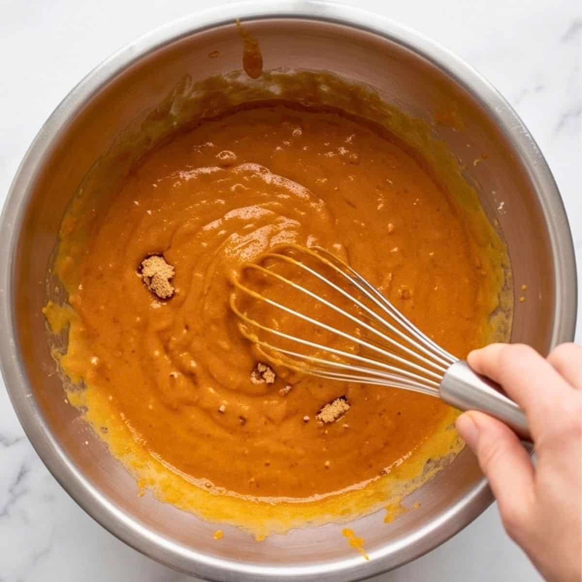 Wet ingredients for vegan pumpkin bread being whisked together,
