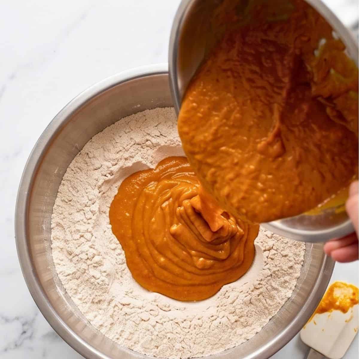 Wet pumpkin mixture being poured into the dry ingredients.