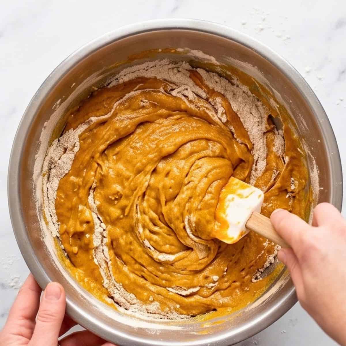 Pumpkin bread batter being gently folded together with a spatula.